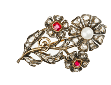 XIX w. brosza w formie kwiatu z rubinami i diamentami