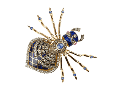 XIX w. broszka Faberge w formie pająka z diamentami w emalii