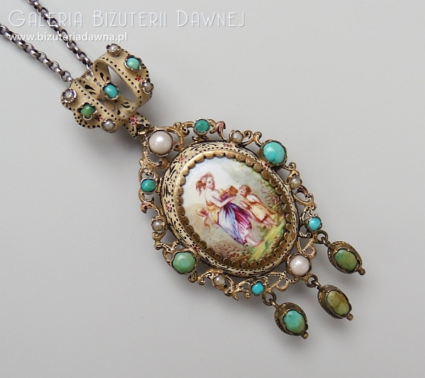 Srebrny medalion w formie sekretnika  - miniatura na porcelanie, emalia, turkusy, perły i prazy - Wiedeń XIX w.