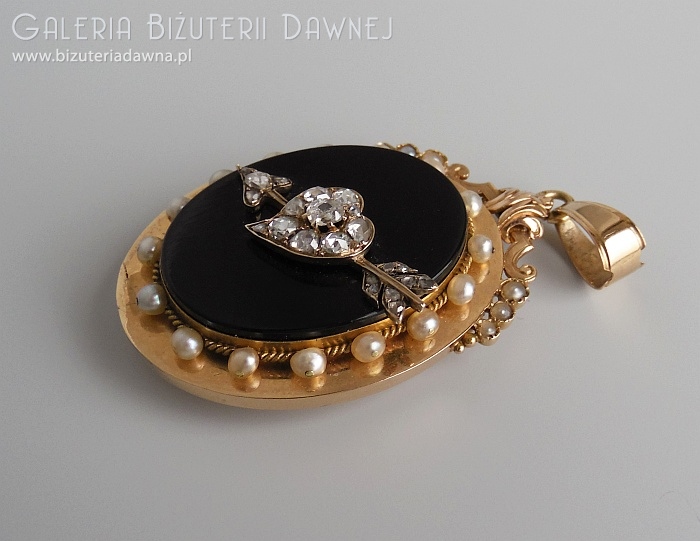 Medalion złoty w formie sekretnika  - diamenty starego szlifu 1,30 CT, perły głębinowe, onyks - Francja XIX w.
