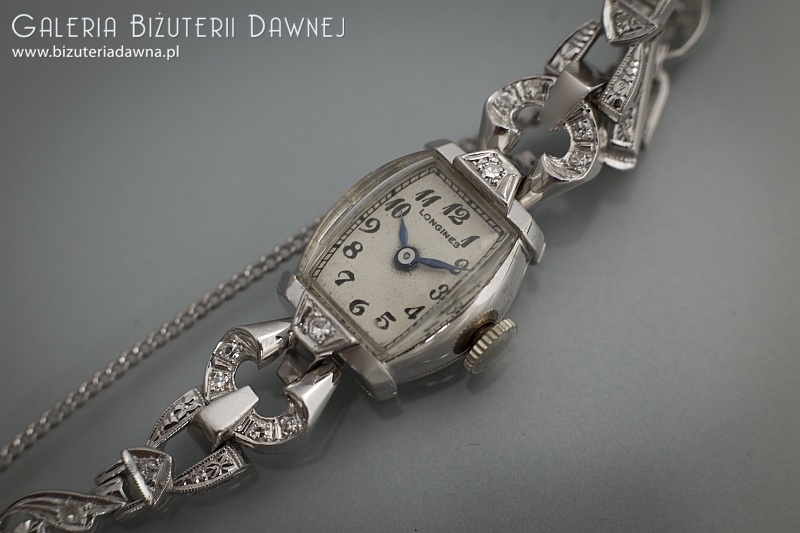 Zegarek z białego złota z diamentami - LONGINES - art deco -  lata 1930/40-te