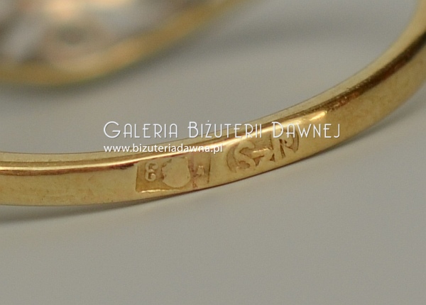 Złoto-srebrny pierścionek z brylantem starego szlifu - WARSZAWA - lata 30-te, ART DECO