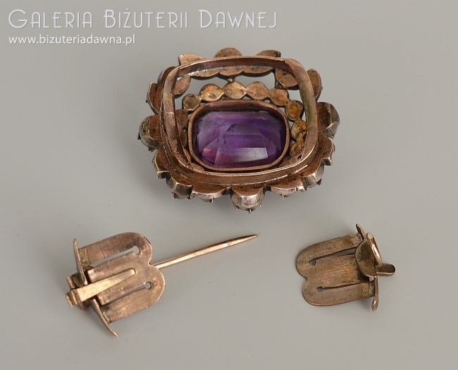 Brosza - naszyjnik obróżka, złoto-srebrna z ametystem 11 CT i diamentami starego szlifu - 1 CT - XIX w.
