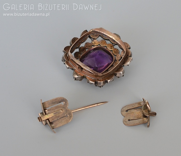 Brosza - naszyjnik obróżka, złoto-srebrna z ametystem 11 CT i diamentami starego szlifu - 1 CT - XIX w.