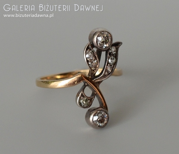 Pierścionek srebrno-złoty z brylantami i diamentami starego szlifu - piękna secesja - ok. 1880-1900