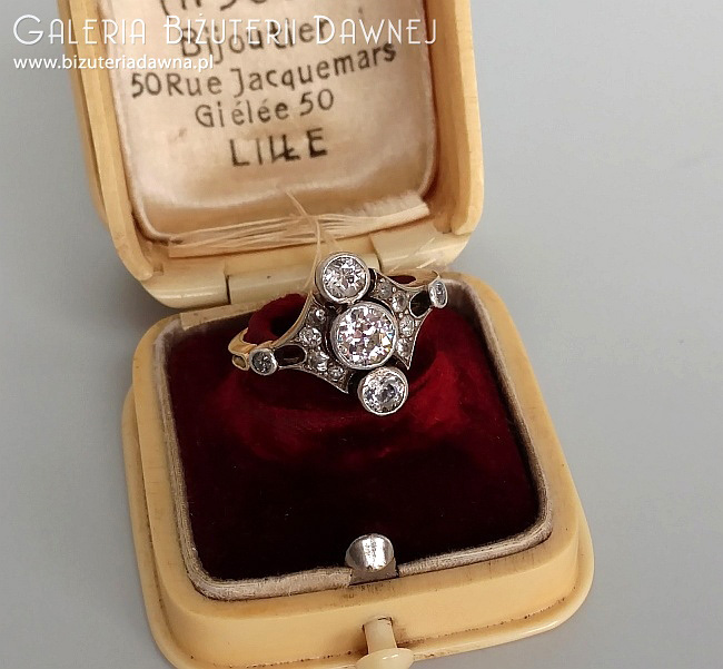 Pierścionek srebrno-złoty - brylanty i diamenty starego szlifu 1,26 ct, XIX/XX w.