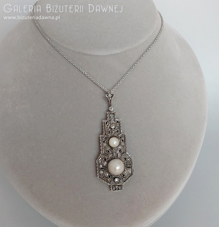 Wisior art deco, srebrno-złoty, z diamentami starego szlifu - 1 CT i perłami - lata 20. XX w.