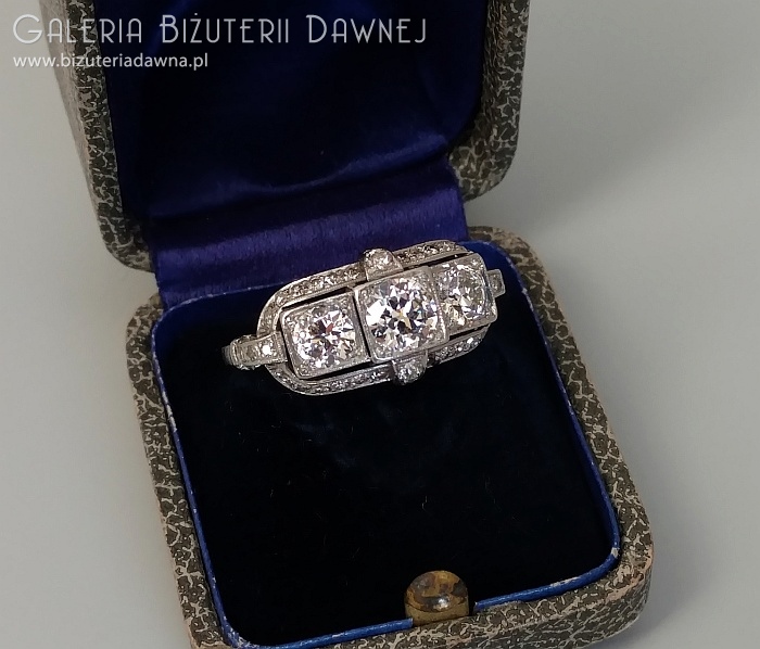 Art deco - pierścionek platynowy z diamentami starego szlifu - 1,88 ct - lata 20. XX w.