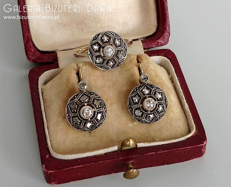 Komplet biżuterii art deco - kolczyki i pierścionek z diamentami starego szlifu - 1,03 CT - Wiedeń, lata 20. XX w.
