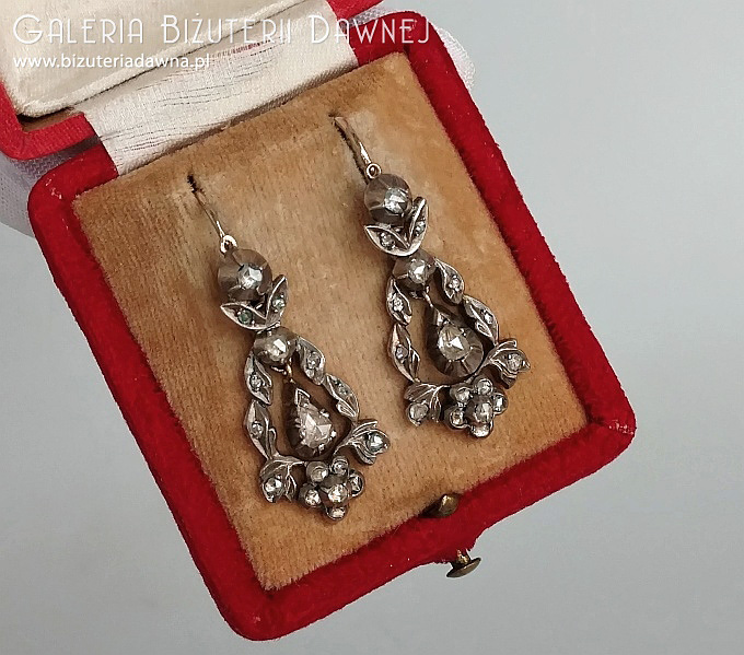Kolczyki srebrno-złote z diamentami starego szlifu 1 ct - II połowa XIX w.