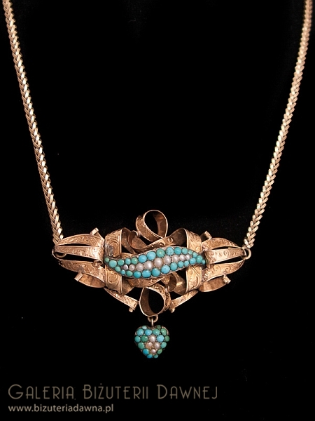 XIX w. naszyjnik z turkusami i perełkami w złocie