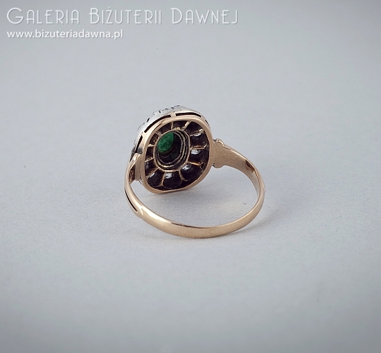 XIX/XX w. pierścionek złoto-srebrny  , diamenty i szmaragd, Austro-Węgry