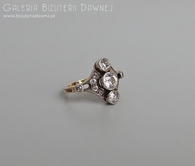 Pierścionek srebrno-złoty - brylanty i diamenty starego szlifu 1,26 ct, XIX/XX w.