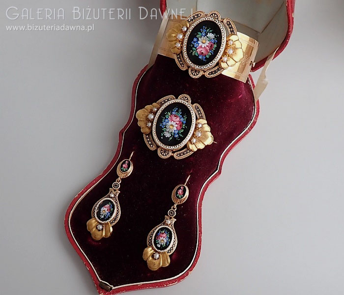 Rare: unikalny komplet biżuterii z perłami i emalią, ok. 1850/60 w oryginalnym etui