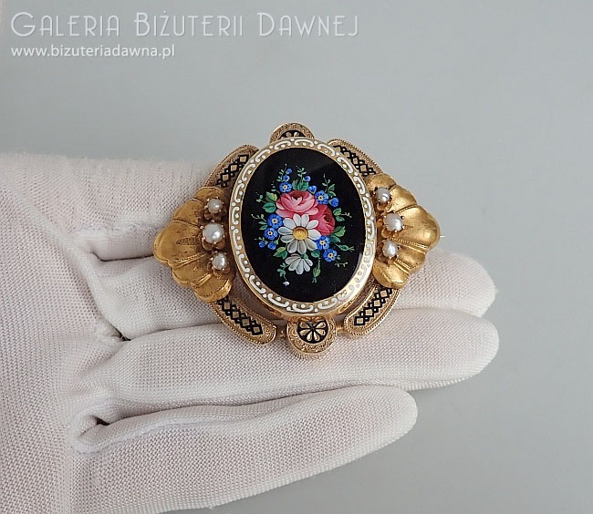 Rare: unikalny komplet biżuterii z perłami i emalią, ok. 1850/60 w oryginalnym etui