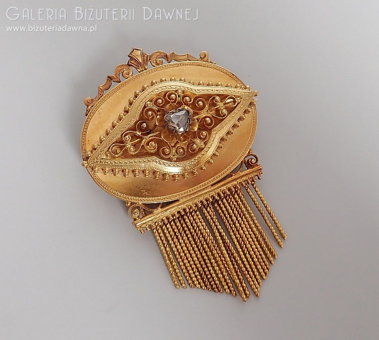 Etruscan revival style  - złota brosza z diamentem starego szlifu, Austro-Węgry, 1866-1872