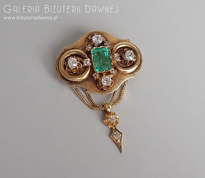 Unikalny komplet biżuterii - kolczyki i brosza z diamentami i szmaragdami, Austro-Węgry 1867-1872
