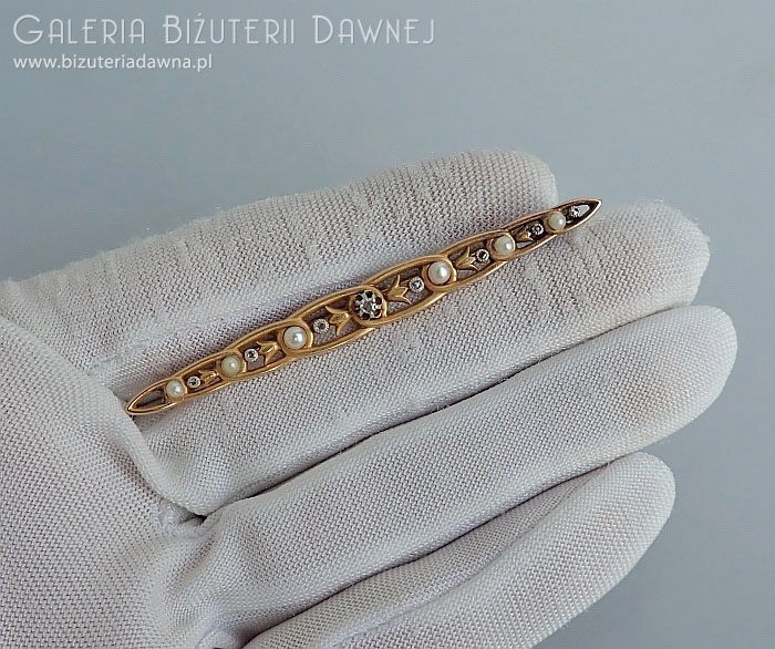 Brosza złota z diamentami i perłami, secesja, Francja, pocz. XX w. 