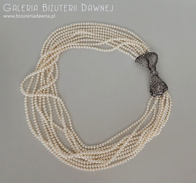 Naszyjnik perłowy z zapięciem w formie kokardy z diamentami - pocz. XX w. , Austro-Węgry