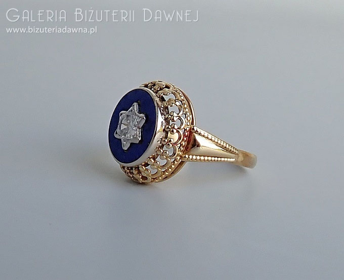 Unikalny pierścionek - lapis lazuli i diament w szlifie gwiazdy Dawida - 0,80 ct, G/SI1, pocz. XX w. 