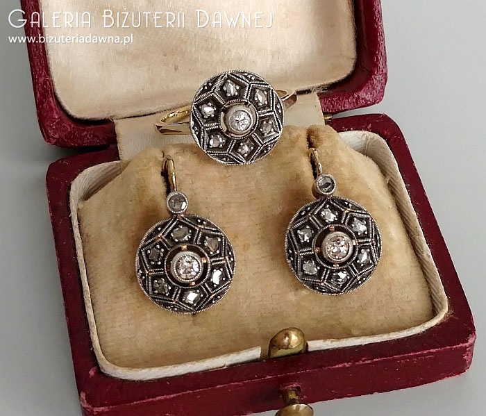 Komplet biżuterii art deco - kolczyki i pierścionek z diamentami starego szlifu - lata 20. XX w.