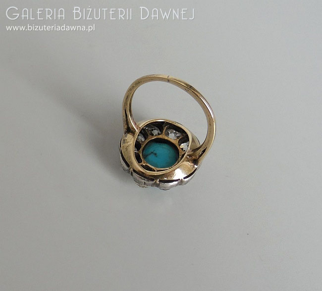 XIX w. pierścionek z turkusem i brylantami starego szlifu - 3 ct - piękna markiza
