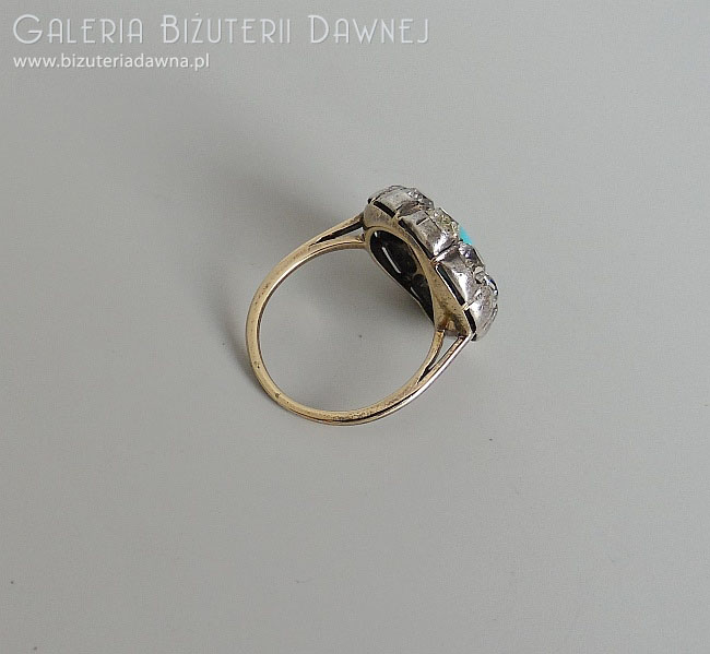 XIX w. pierścionek z turkusem i brylantami starego szlifu - 3 ct - piękna markiza