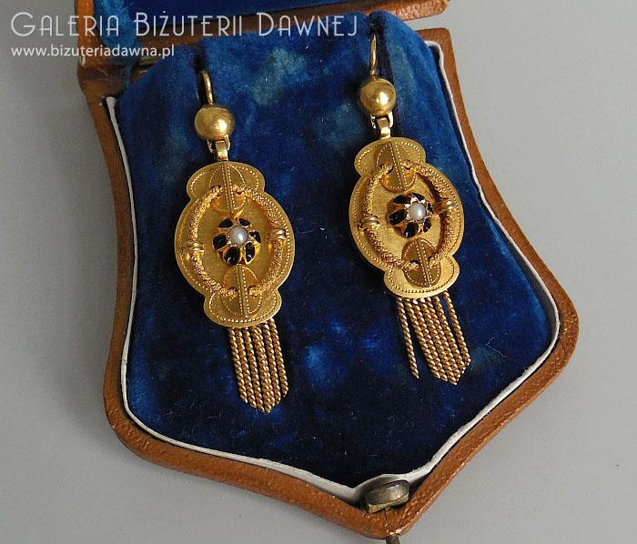 Unikalne złote kolczyki z perłami i emalią - Wiedeń 1867-1872