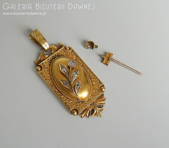 Komplet biżuterii - sekretnik i kolczyki z diamentami w motywie kwiatów - Wiedeń XIX w.