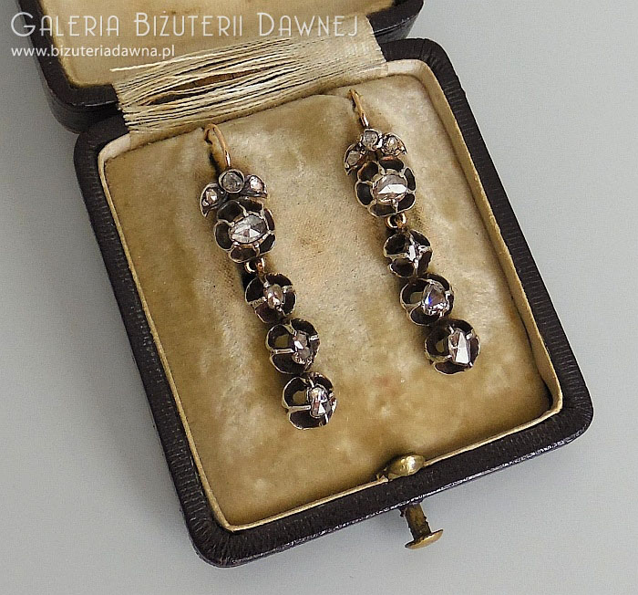 Kolczyki srebrno-złote z rozetami diamentowymi -1 ct, XIX w. 