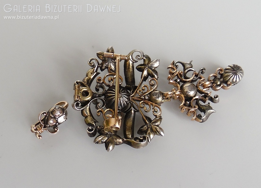 Wisior-brosza srebrno-złoty z diamentami starego szlifu - 3,65ct - XIX w.