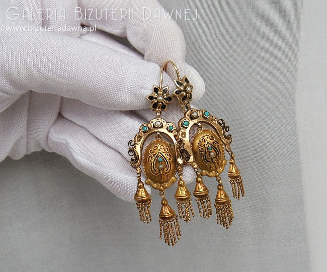 Kolczyki złote - etruscan revival style - turkusy, perły i emalia - XIX w.