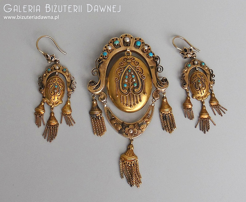 Etruscan revival style - unikalny wisior z podwieszanym sekretnikiem i funkcją broszy - złoto, turkusy, emalia i perły - XIX w.