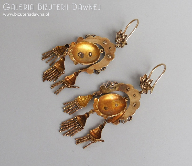 Kolczyki złote - etruscan revival style - turkusy, perły i emalia - XIX w.