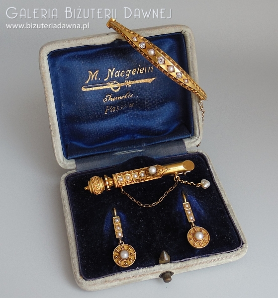 XIX w. demi parure w etui - złoto i  perełki, 1891-1901