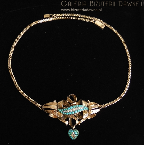 XIX w. naszyjnik z turkusami i perełkami w złocie