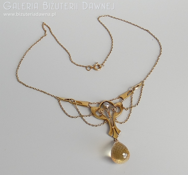 XIX/XX w. - Secesyjny złoty naszyjnik  z brylantem i  cytrynem - 8 CT