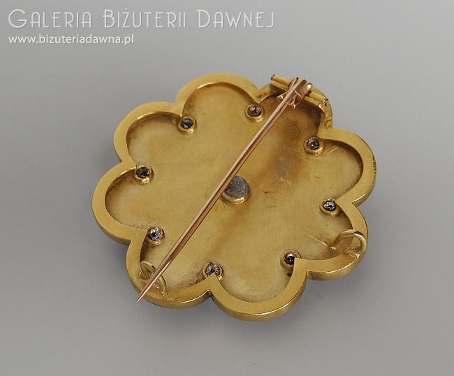 Złota brosza z diamentami starego szlifu - 5 CT - i emalią kobaltową, XVIII/XIX w.