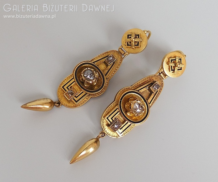 Złote kolczyki z diamentami starego szlifu i emalią, etruscan revival style  - II połowa XIX w.