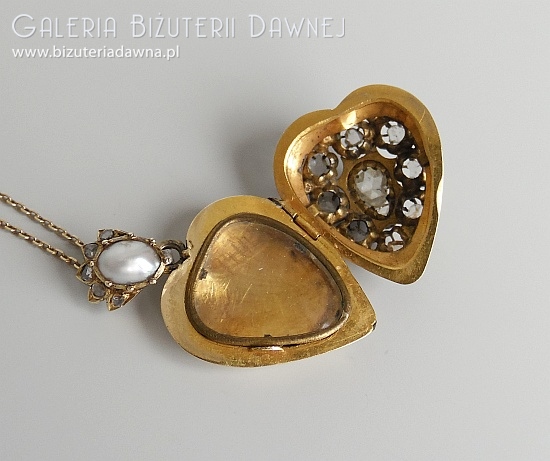 XIX w. złoty  sekretnik  z diamentami starego szlifu - 1 CT - i emalią, w formie serca